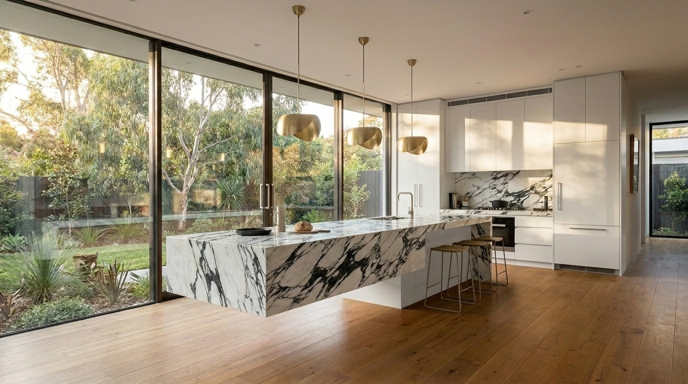 Kitchen with Matte White cabinetry and Monte Nero benchtop