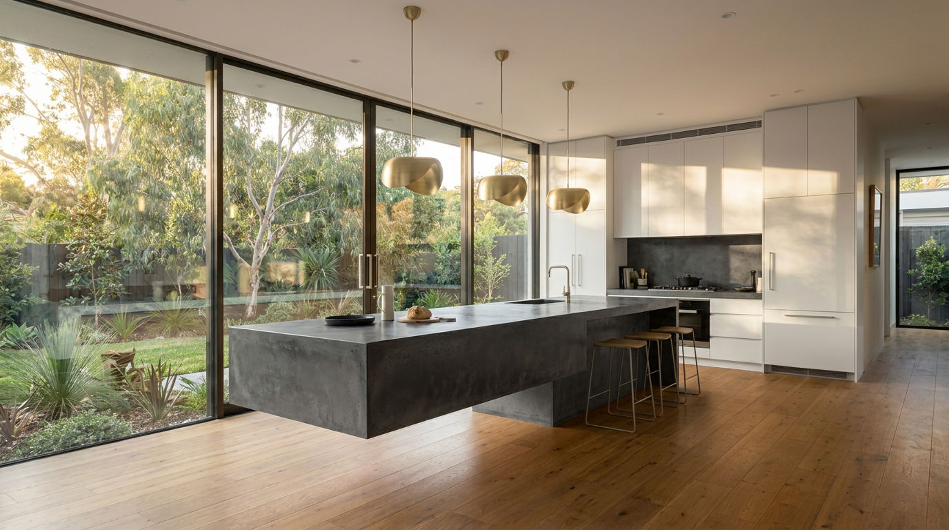 Kitchen with Matte White cabinetry and Concrete Dark benchtop