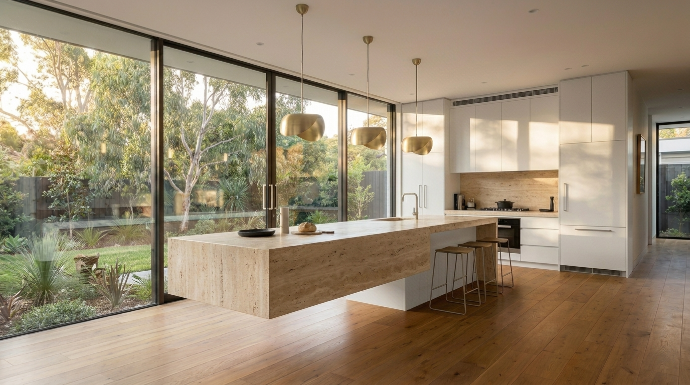 Kitchen with Matte White cabinetry and Travertine benchtop