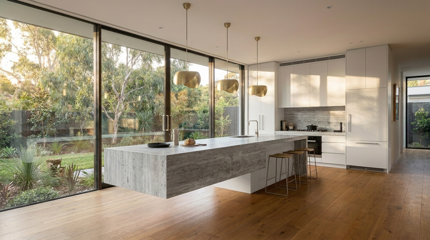 Kitchen with Matte White cabinetry and Silver Travertine benchtop