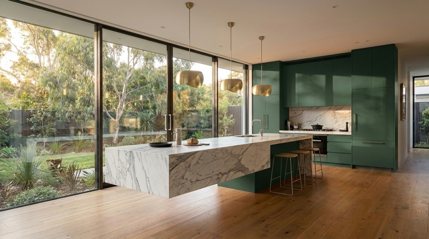Kitchen with Botanic Green cabinetry and Calacatta Vega benchtop