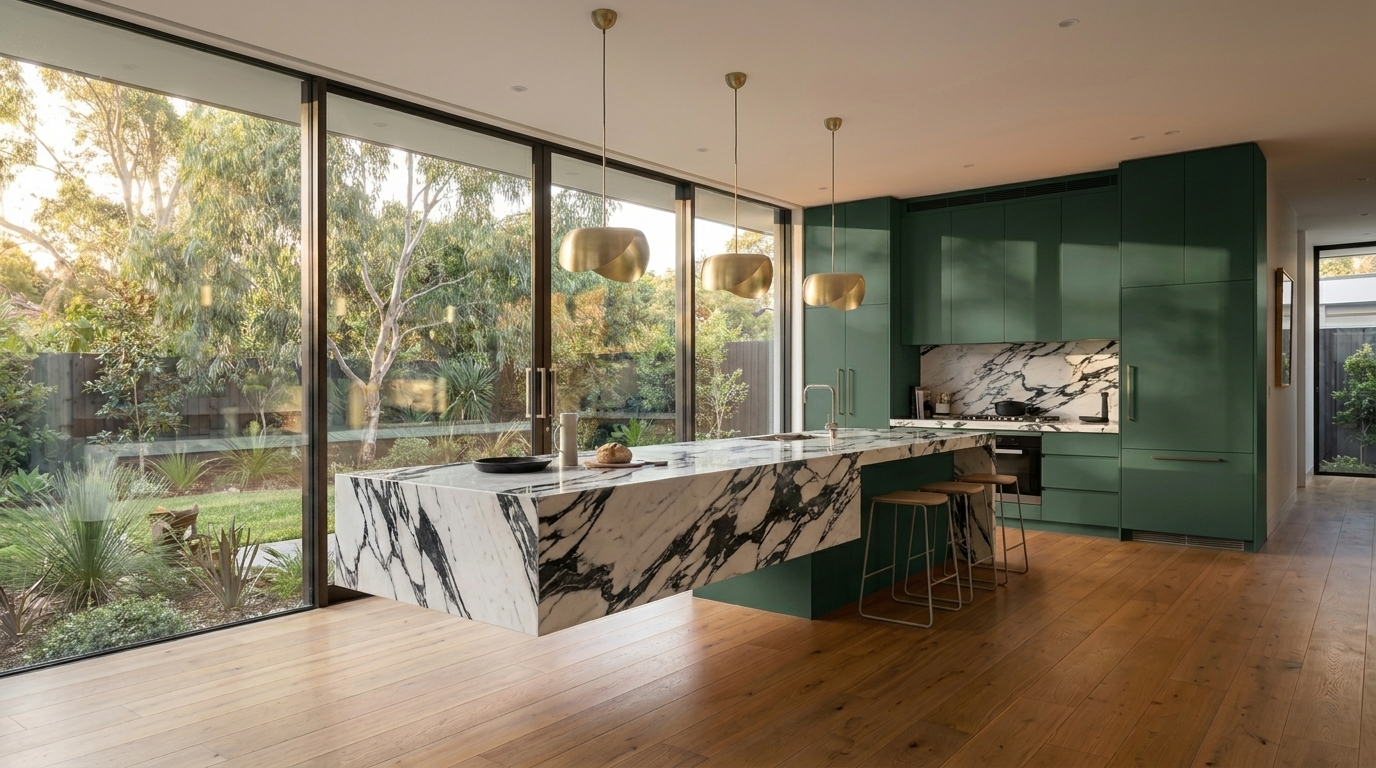 Kitchen with Botanic Green cabinetry and Monte Nero benchtop