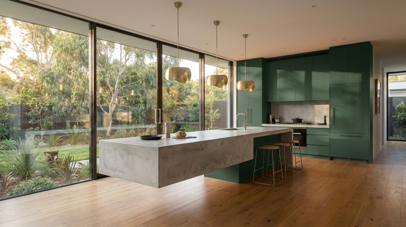 Kitchen with Botanic Green cabinetry and Concrete benchtop