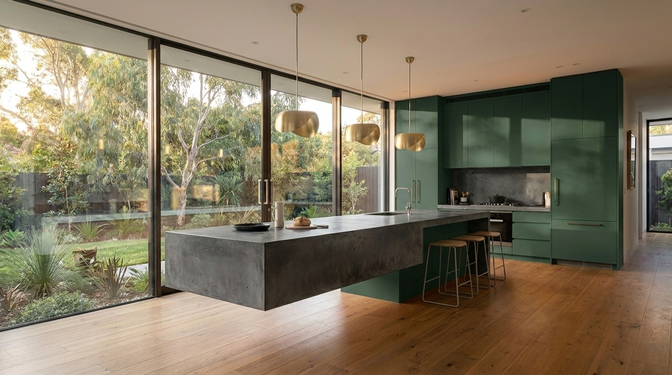 Kitchen with Botanic Green cabinetry and Concrete Dark benchtop