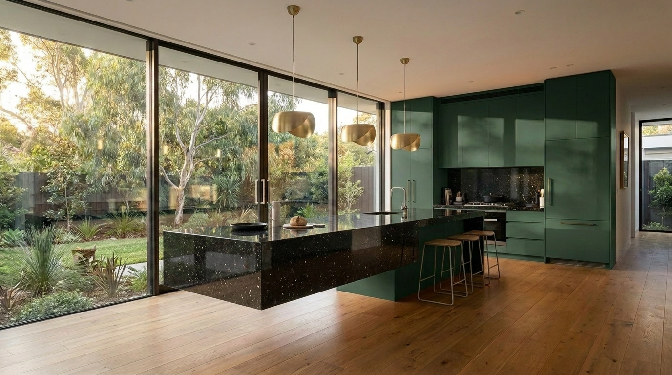 Kitchen with Botanic Green cabinetry and Granite benchtop