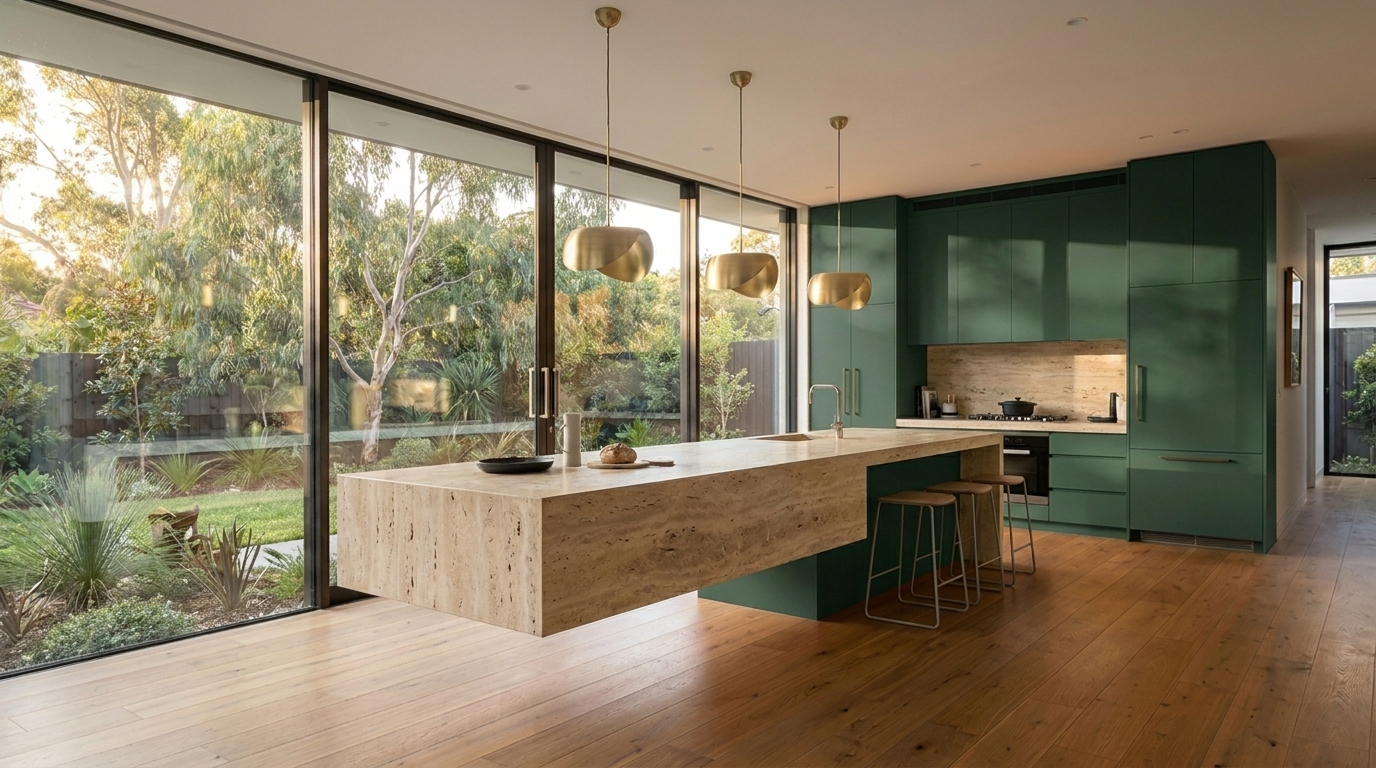 Kitchen with Botanic Green cabinetry and Travertine benchtop