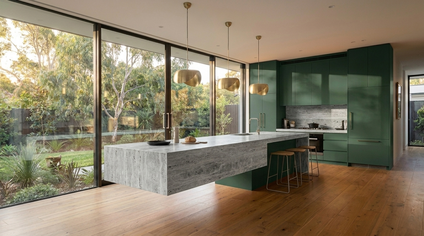 Kitchen with Botanic Green cabinetry and Silver Travertine benchtop