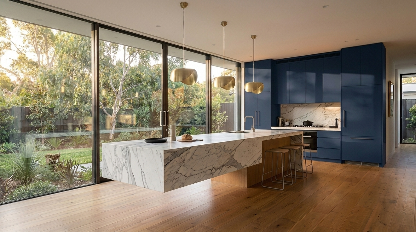 Kitchen with Navy cabinetry and Calacatta Vega benchtop