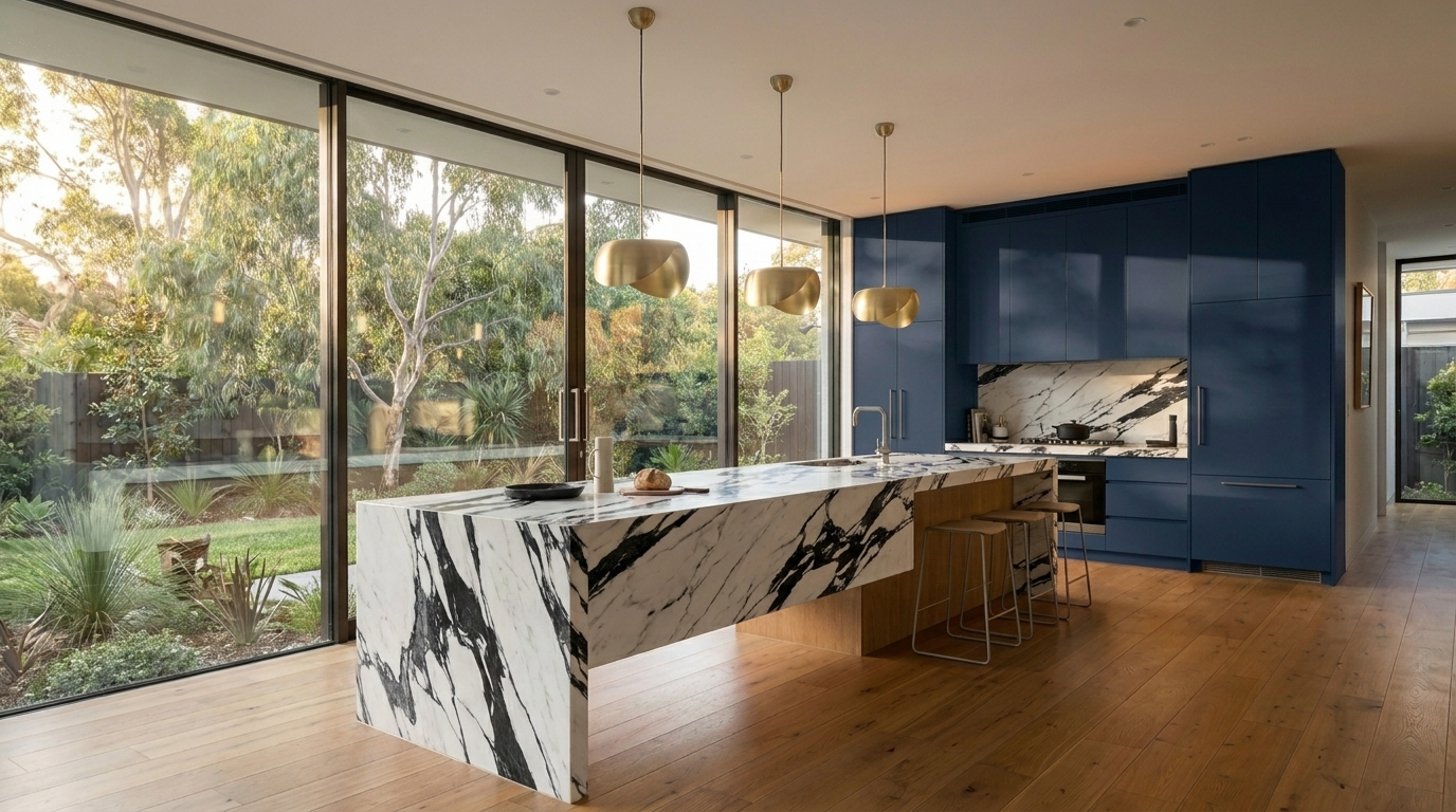 Kitchen with Navy cabinetry and Monte Nero benchtop