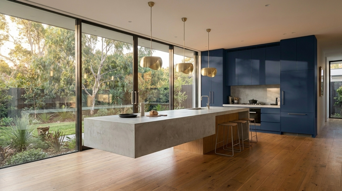 Kitchen with Navy cabinetry and Concrete benchtop
