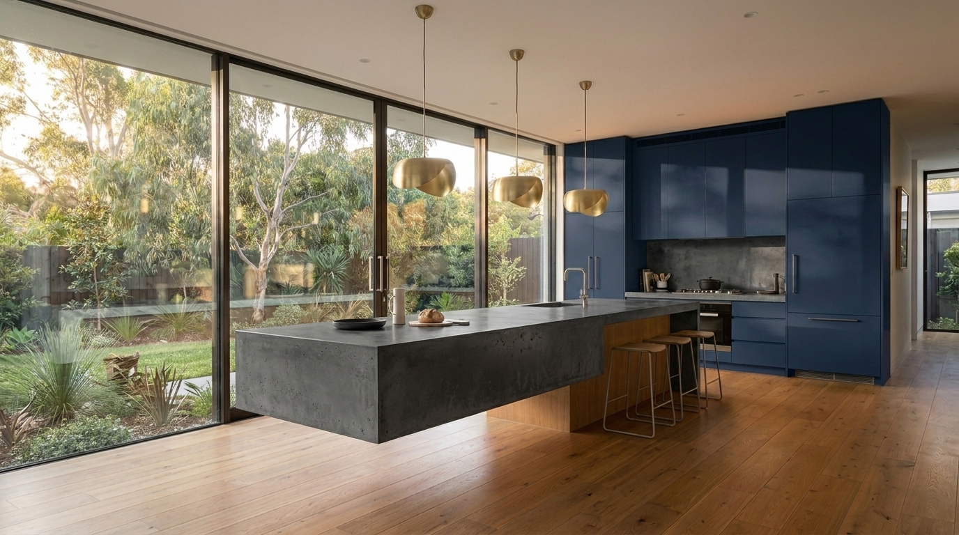 Kitchen with Navy cabinetry and Concrete Dark benchtop