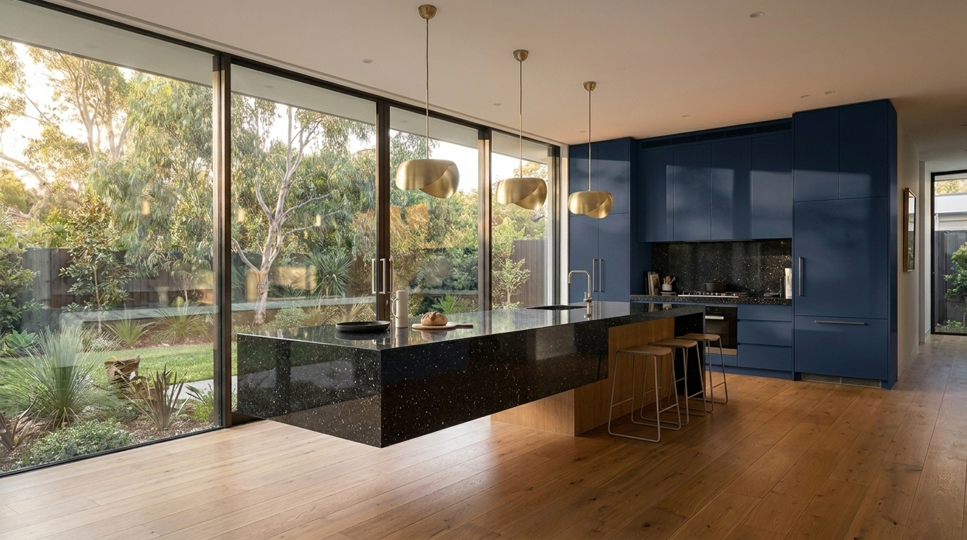 Kitchen with Navy cabinetry and Granite benchtop