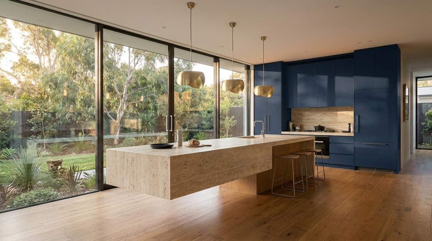 Kitchen with Navy cabinetry and Travertine benchtop