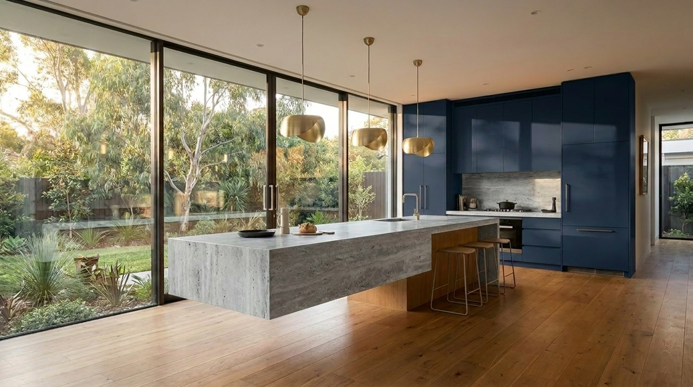 Kitchen with Navy cabinetry and Silver Travertine benchtop