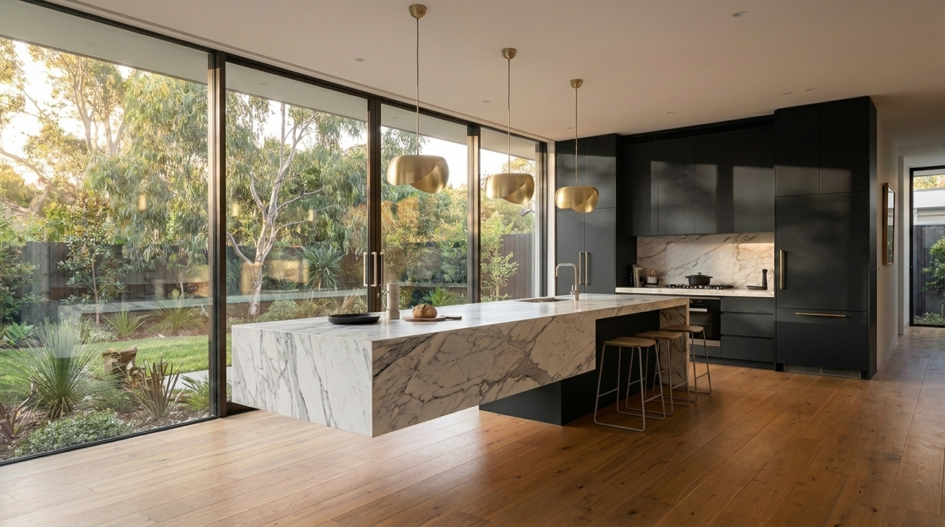 Kitchen with Black cabinetry and Calacatta Vega benchtop
