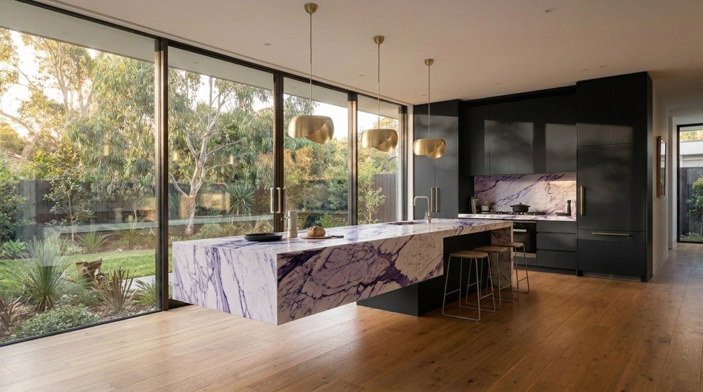 Kitchen with Black cabinetry and Calacatta Viola benchtop