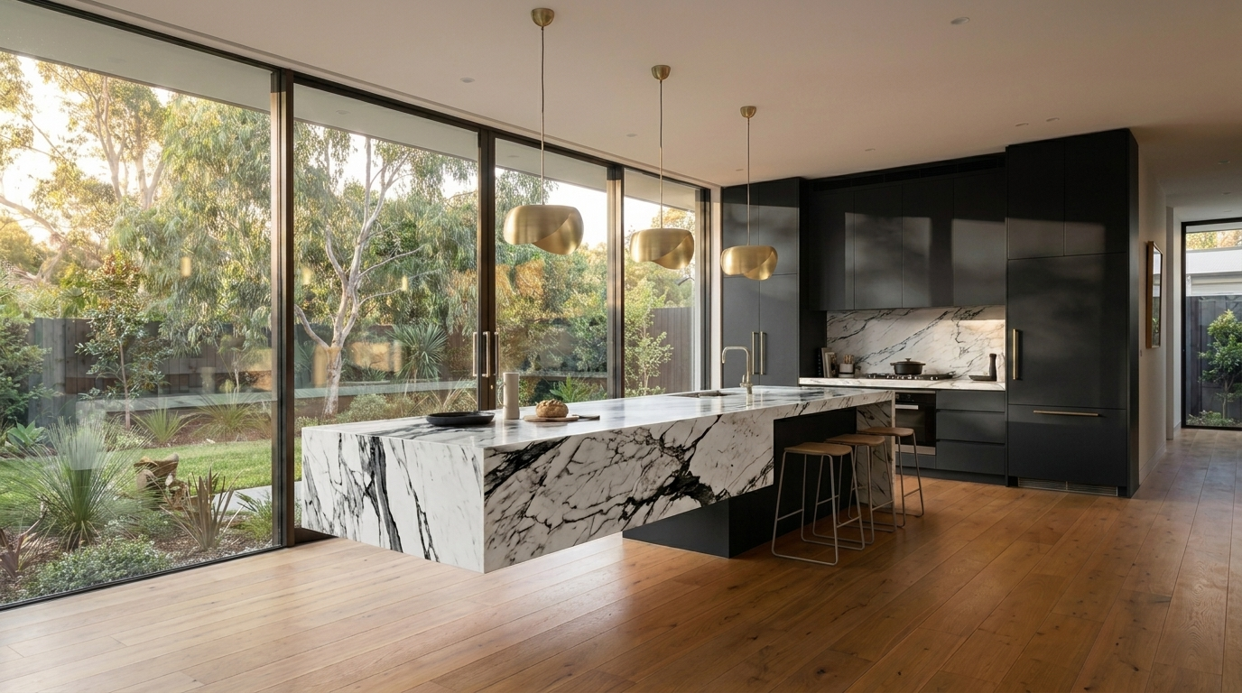 Kitchen with Black cabinetry and Monte Nero benchtop