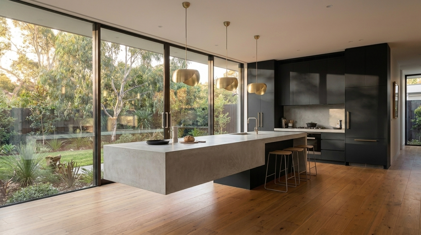 Kitchen with Black cabinetry and Concrete benchtop
