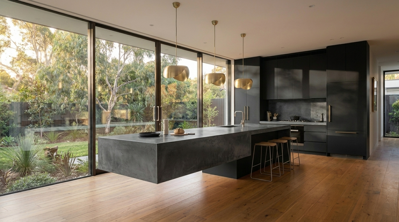 Kitchen with Black cabinetry and Concrete Dark benchtop