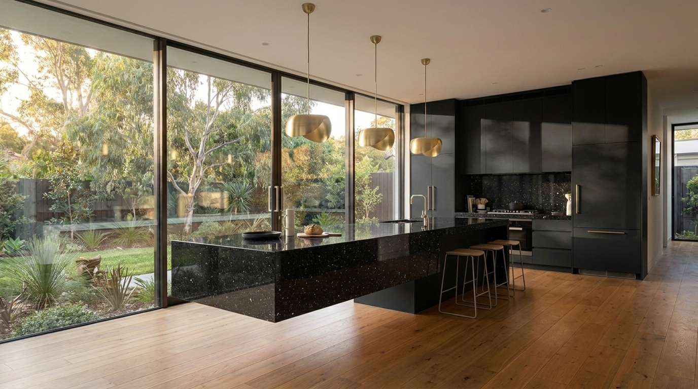 Kitchen with Black cabinetry and Granite benchtop