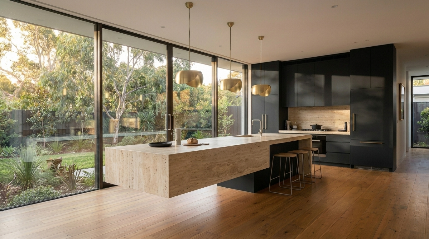 Kitchen with Black cabinetry and Travertine benchtop