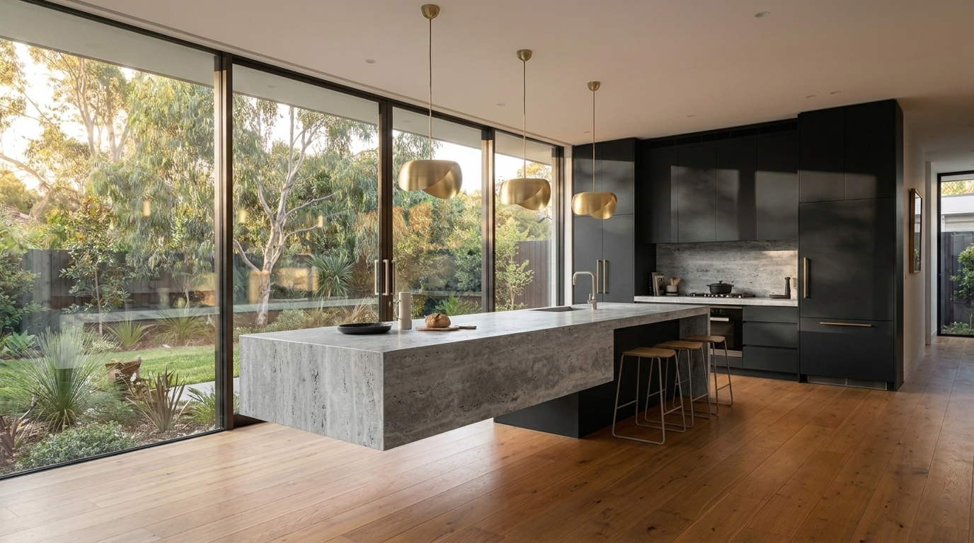 Kitchen with Black cabinetry and Silver Travertine benchtop