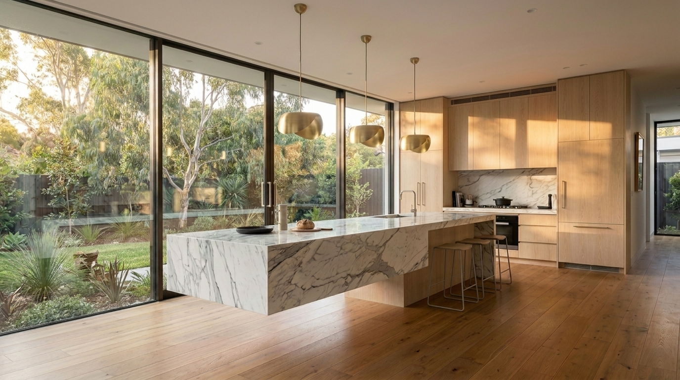 Kitchen with Blonde Oak cabinetry and Calacatta Vega benchtop