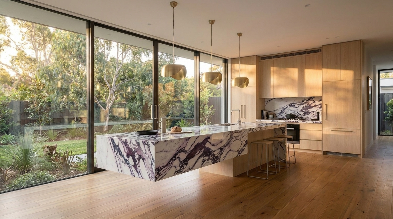 Kitchen with Blonde Oak cabinetry and Calacatta Viola benchtop