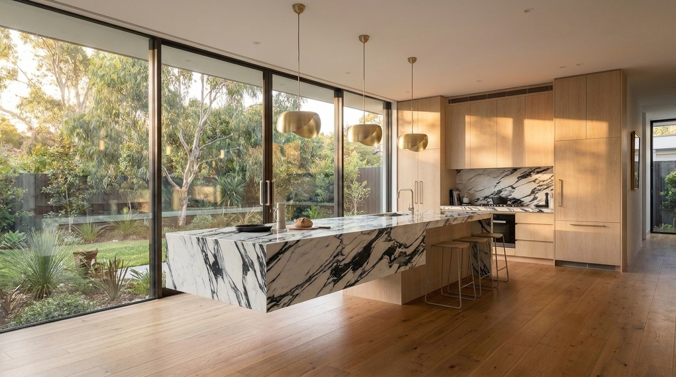 Kitchen with Blonde Oak cabinetry and Monte Nero benchtop