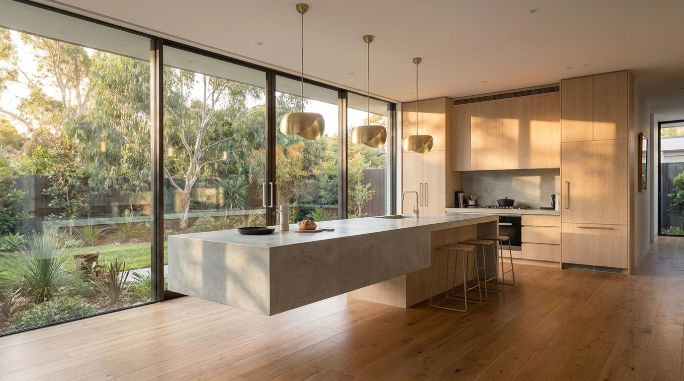 Kitchen with Blonde Oak cabinetry and Concrete benchtop
