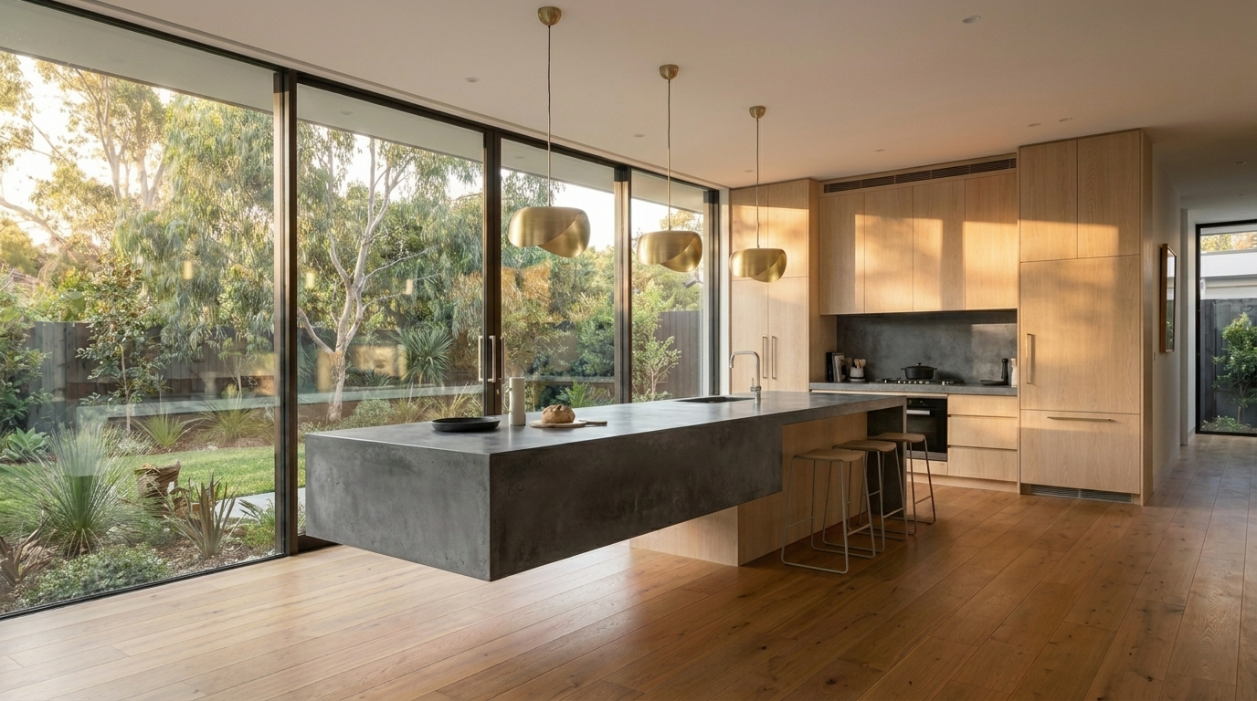 Kitchen with Blonde Oak cabinetry and Concrete Dark benchtop