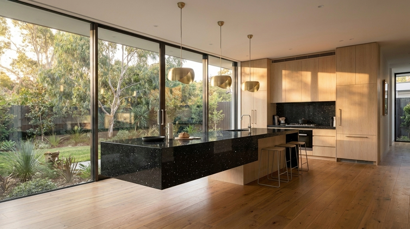 Kitchen with Blonde Oak cabinetry and Granite benchtop