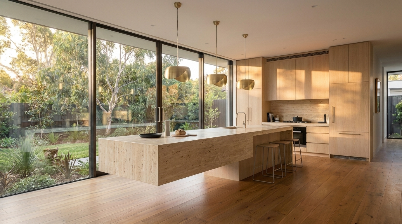 Kitchen with Blonde Oak cabinetry and Travertine benchtop