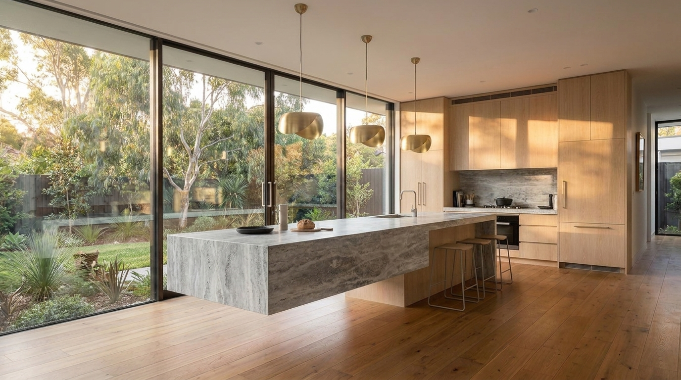 Kitchen with Blonde Oak cabinetry and Silver Travertine benchtop