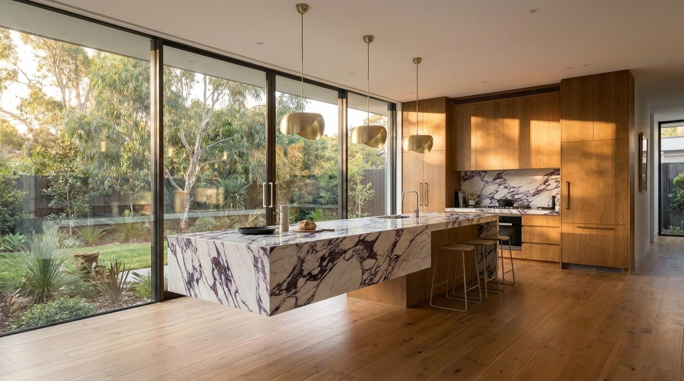 Kitchen with Bronzed Oak cabinetry and Calacatta Viola benchtop