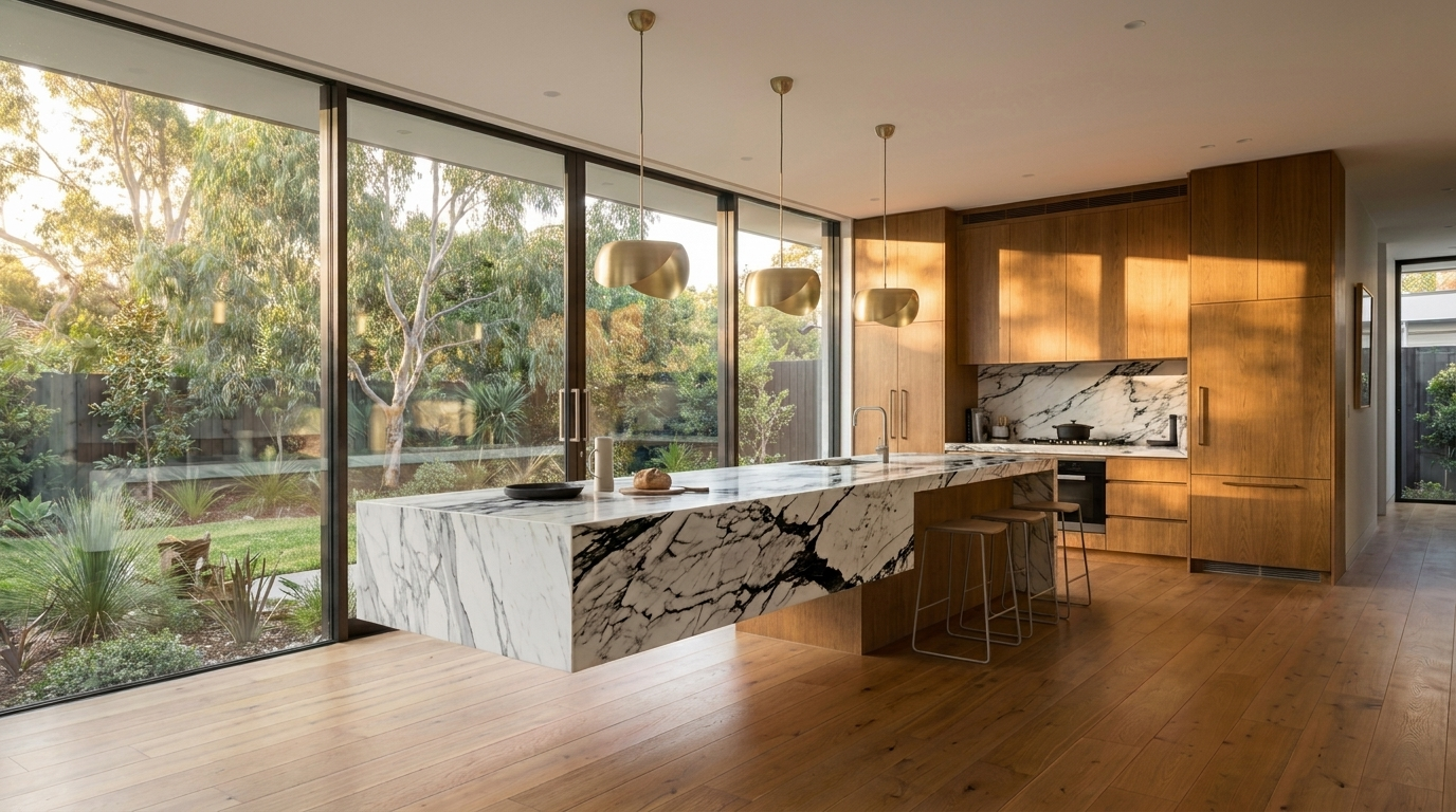 Kitchen with Bronzed Oak cabinetry and Monte Nero benchtop