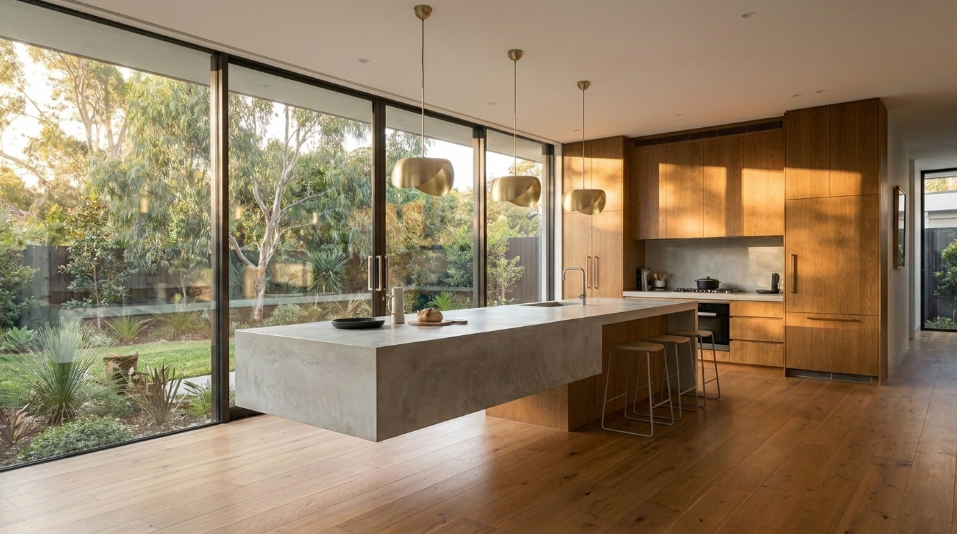Kitchen with Bronzed Oak cabinetry and Concrete benchtop