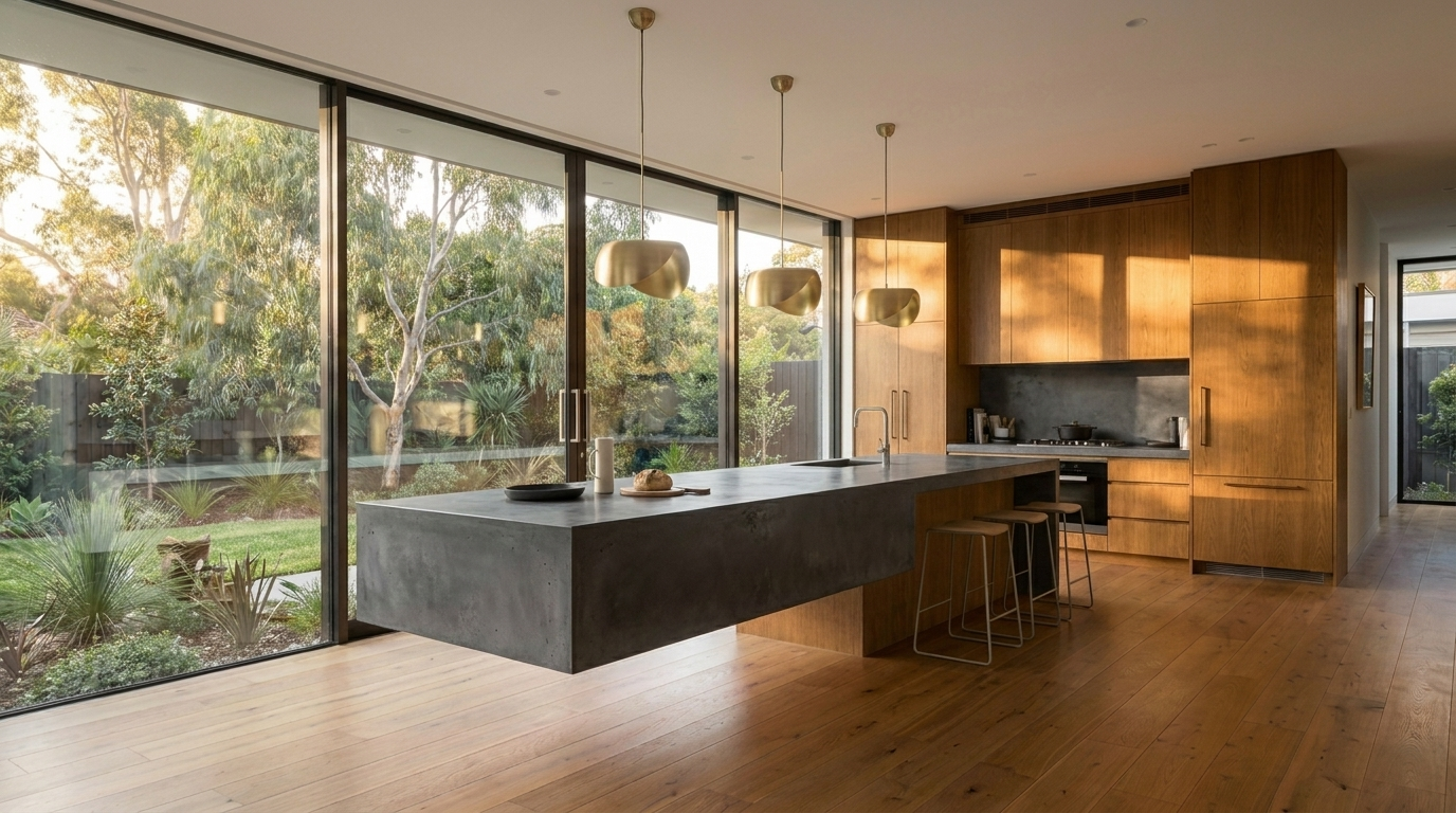 Kitchen with Bronzed Oak cabinetry and Concrete Dark benchtop
