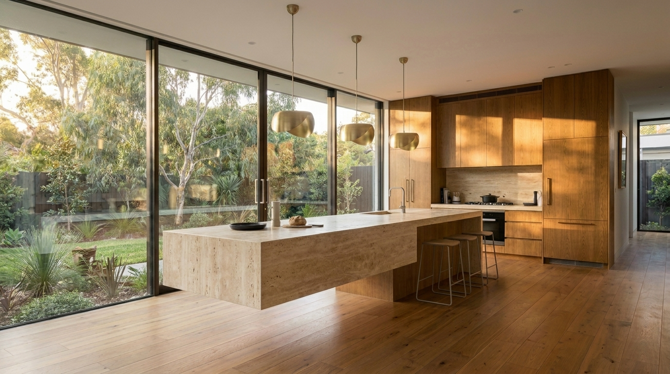 Kitchen with Bronzed Oak cabinetry and Travertine benchtop