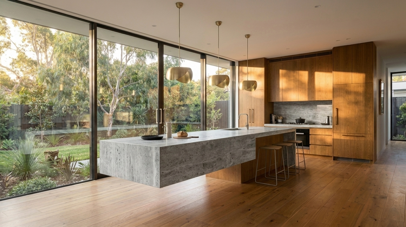 Kitchen with Bronzed Oak cabinetry and Silver Travertine benchtop