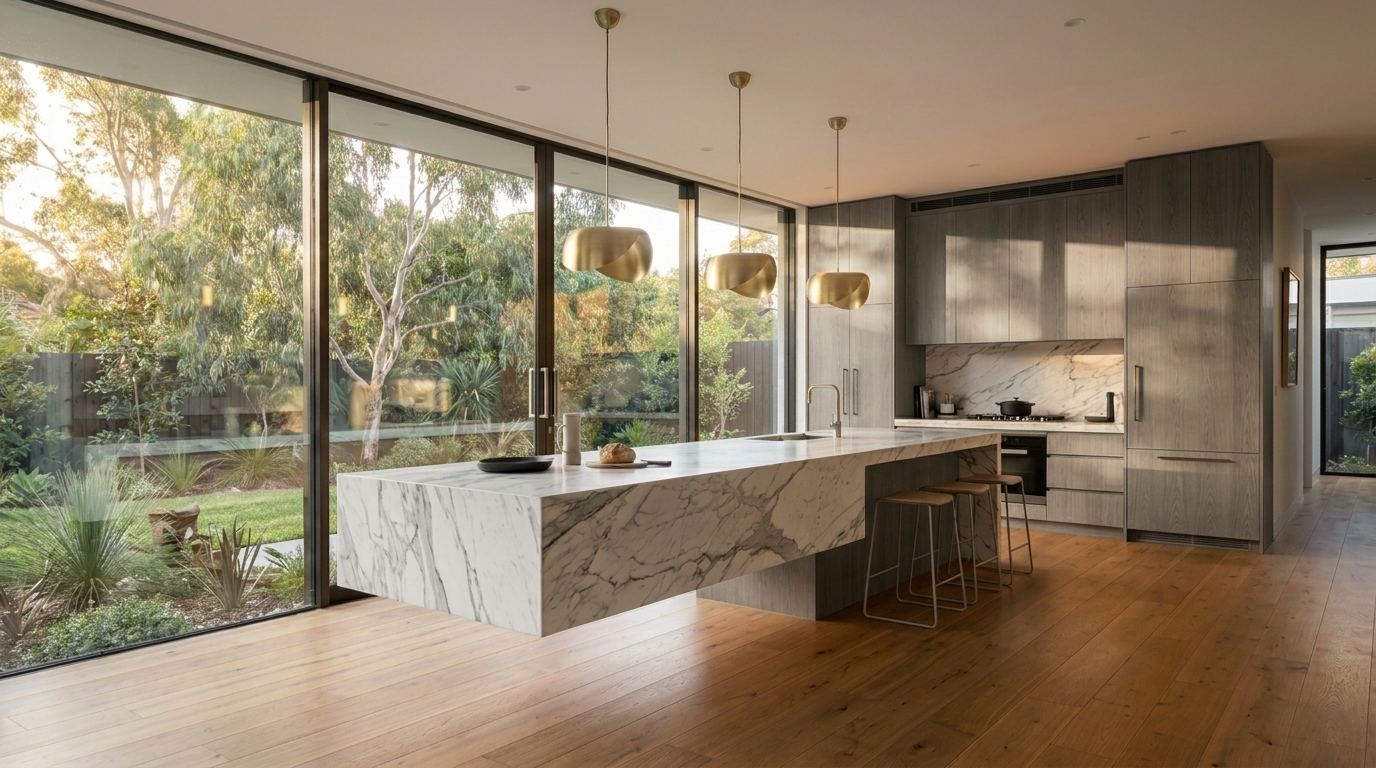 Kitchen with District Oak cabinetry and Calacatta Vega benchtop