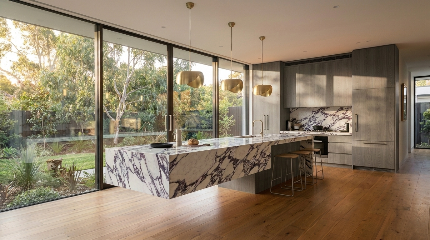 Kitchen with District Oak cabinetry and Calacatta Viola benchtop