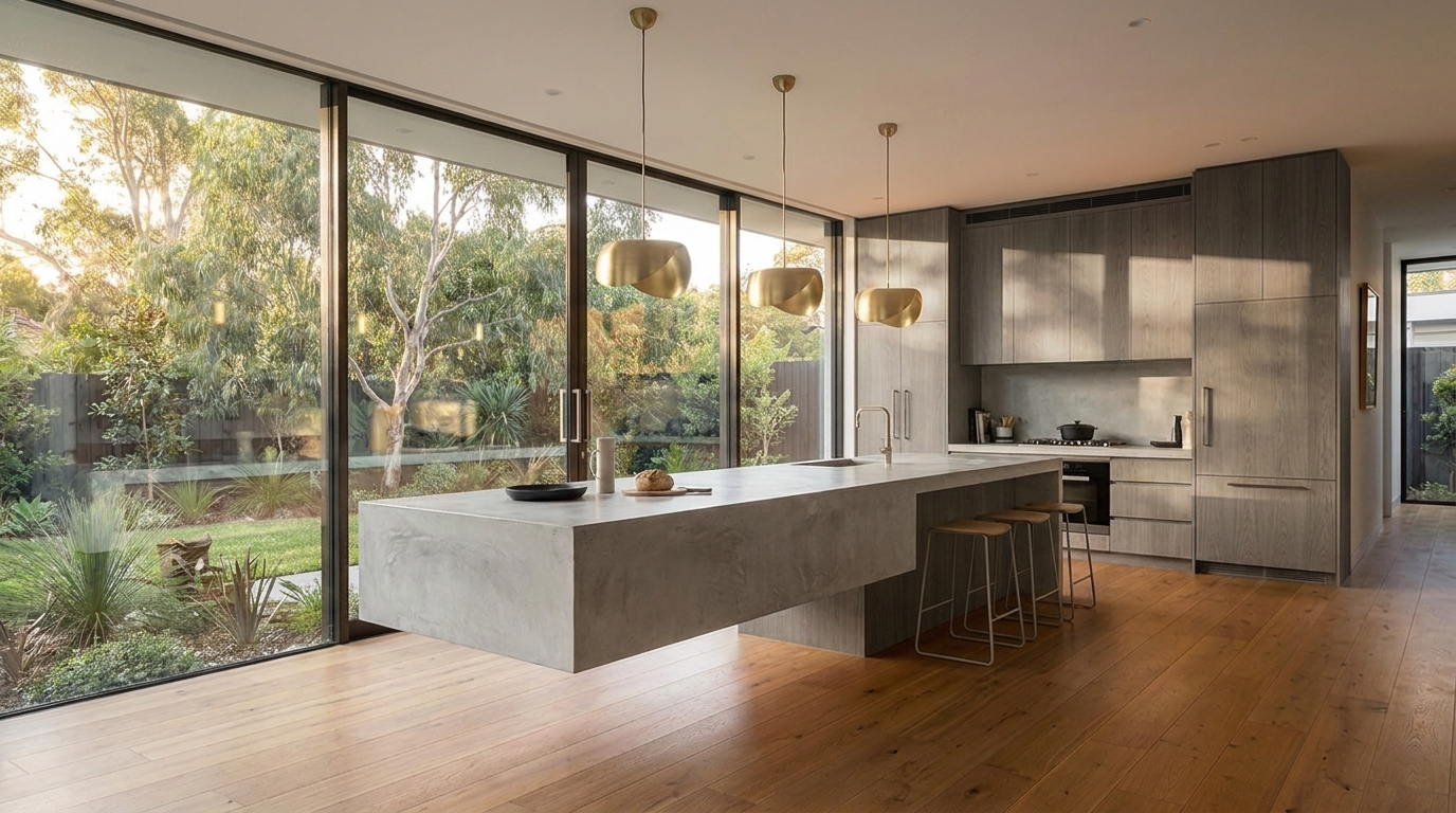 Kitchen with District Oak cabinetry and Concrete benchtop