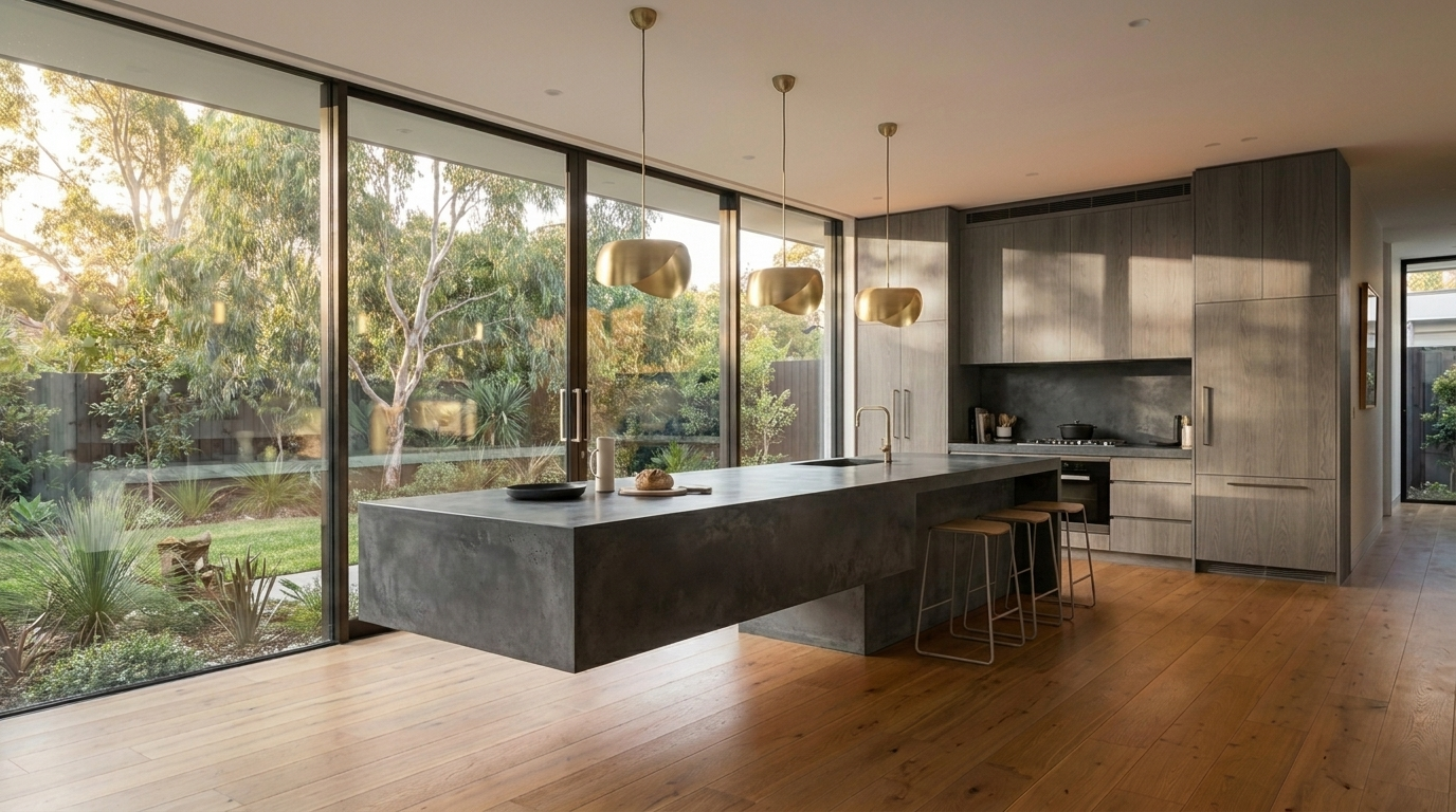 Kitchen with District Oak cabinetry and Concrete Dark benchtop