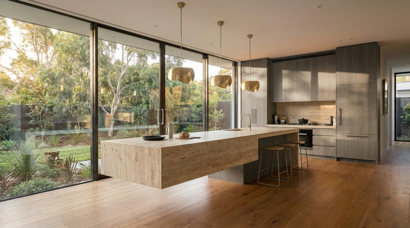 Kitchen with District Oak cabinetry and Travertine benchtop