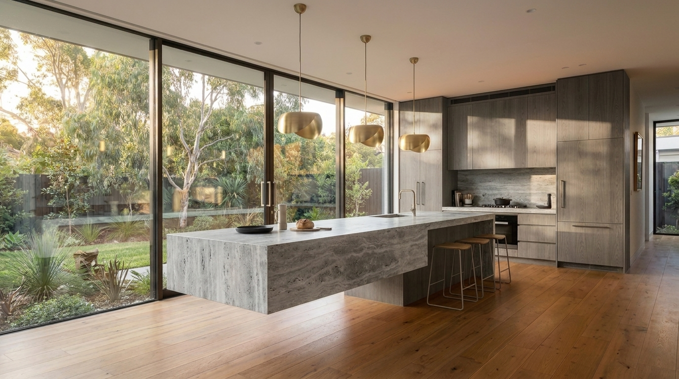 Kitchen with District Oak cabinetry and Silver Travertine benchtop