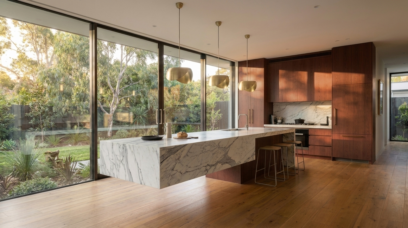Kitchen with Rubra Oak cabinetry and Calacatta Vega benchtop