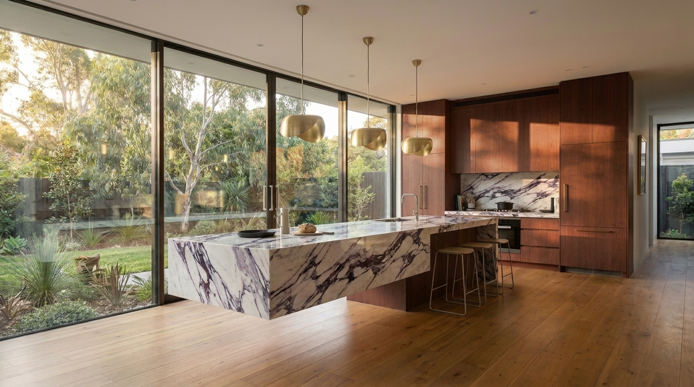 Kitchen with Rubra Oak cabinetry and Calacatta Viola benchtop