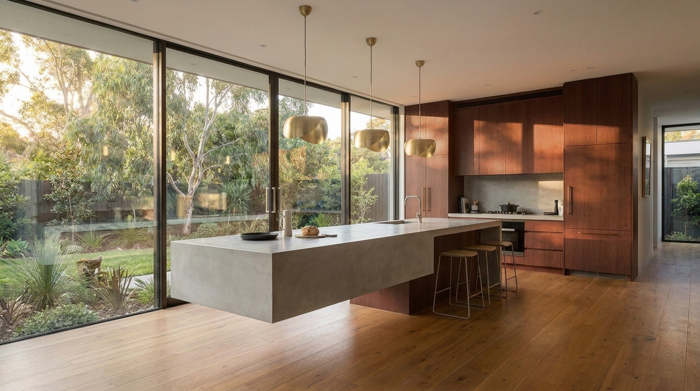 Kitchen with Rubra Oak cabinetry and Concrete benchtop