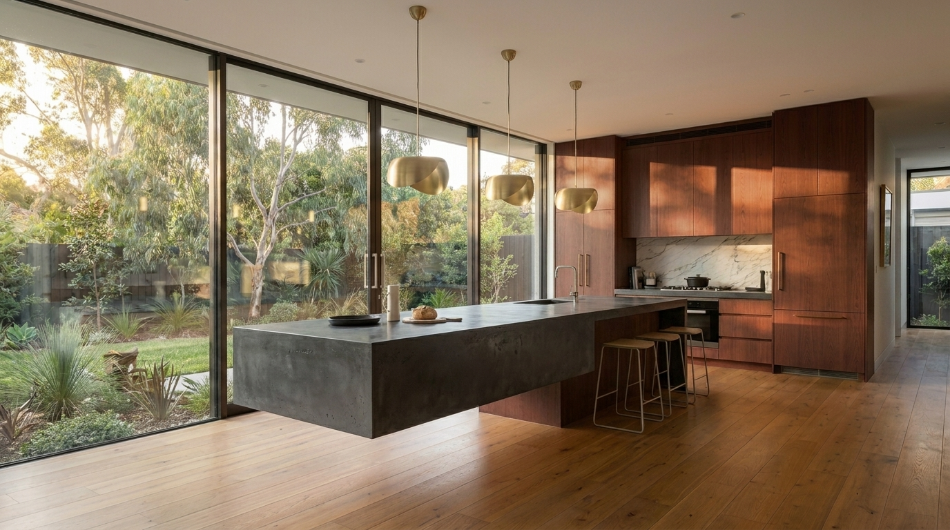 Kitchen with Rubra Oak cabinetry and Concrete Dark benchtop
